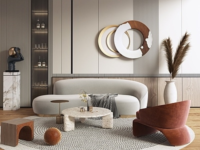 现代双人沙发茶几组合 弧形沙发 墙饰ID000191
